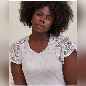 Lace Sleeve Embroidery Top - Super Soft Butterfly Grey - NWT